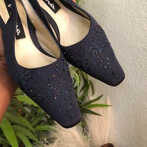 Coquette Fairy Dark Navy Blue pumps slingback mules pointed square toe heels